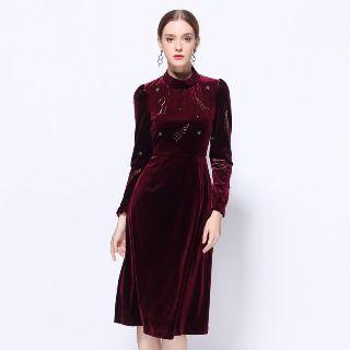 Long-sleeve Beaded Velvet Dress