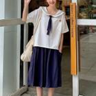 Short-sleeve Sailor Collar Shirt / A-line Midi Skirt
