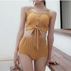 Buttoned Bow Accent Ribbed Bikini