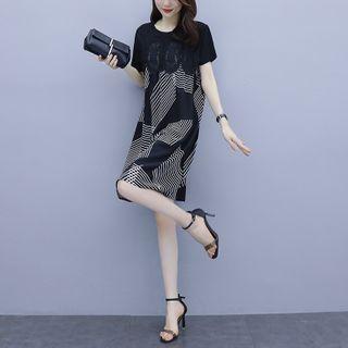 Lace Panel Short-sleeve Printed Midi A-line Dress