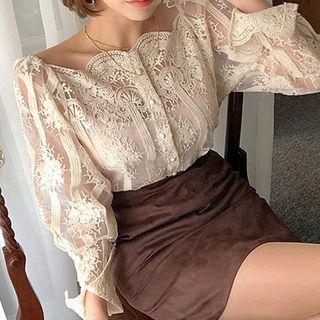 Set: Camisole Top + Lace Off-shoulder Long-sleeve Top