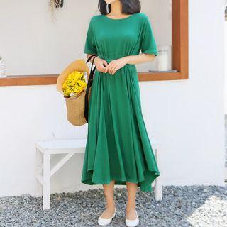 Elbow-sleeve Flared Maxi Dress
