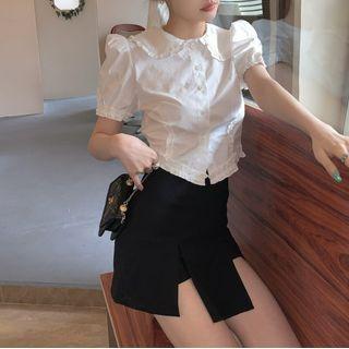 Puff-sleeve Ruffle Trim Shirt / A-line Skirt