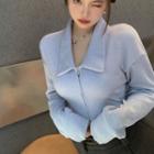 Long-sleeve Collared Zip-up Crop Top / High Waist Mini Pleated Skirt