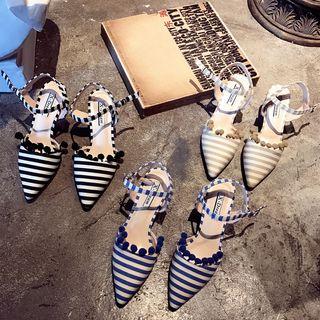 Striped Pompom Chunky-heel Sandals