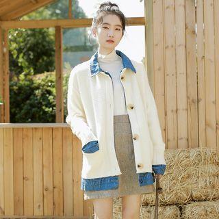 Denim Panel Cardigan White - One Size