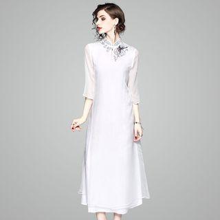 Elbow-sleeve Mandarin Collar Embroidered Organza Midi Dress