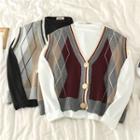 Plain Mock-neck Long-sleeve Top / Color-block Knit Vest