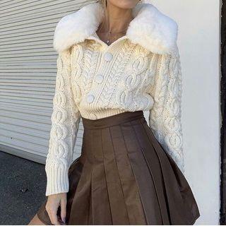 Faux Fur Trim Ribbed Knit Cardigan