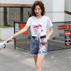 Set: Short-sleeve Pig Print T-shirt + Denim Shorts