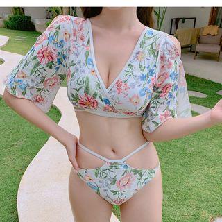 Short-sleeve Floral Print Bikini