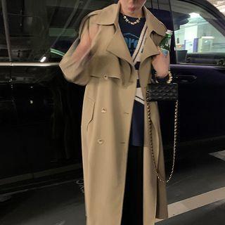 Long-sleeve Double-breasted Plain Medium Long Trench Coat