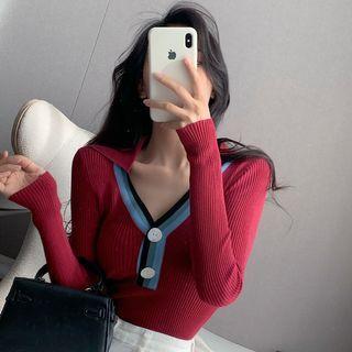 Long-sleeve Color Block Polo Collar Knit Top