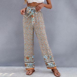 Floral Print Lace-up Wide Leg Pants