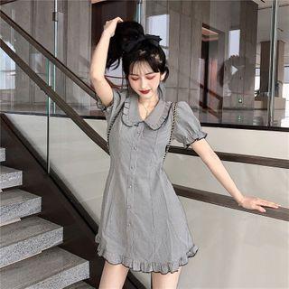 Balloon-sleeve Plaid Ruffled Trim A-line Dress