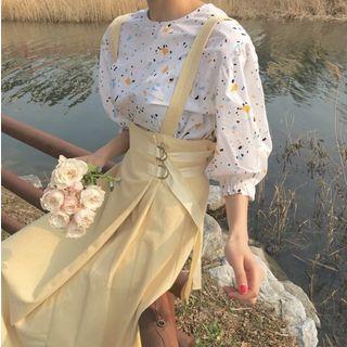 Printed Elbow-sleeve Top / High Waist Midi Suspender Dress