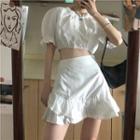 Puff-sleeve Frill Trim Crop Top / Mini A-line Skirt