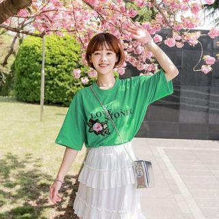 Floral-appliqu Lettering T-shirt