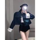 Cropped Denim Jacket Dark Blue - One Size