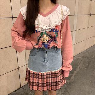 Ruffle Trim Pullover / Denim Panel Pleated Skirt