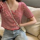 Striped Short-sleeve Buttoned Knit Top