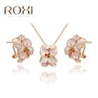 Set: Rhinestone Alloy Flower Pendant Necklace + Earring Set Of 2 - Rose Gold - One Size