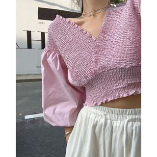 Puff-sleeve V-neck Ruched Panel Top