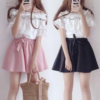 Set: Off-shoulder Short-sleeve Lace Top + A-line Skirt
