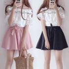 Set: Off-shoulder Short-sleeve Lace Top + A-line Skirt