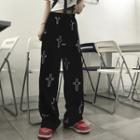 Elastic-waist Cross Print Straight Leg Pants