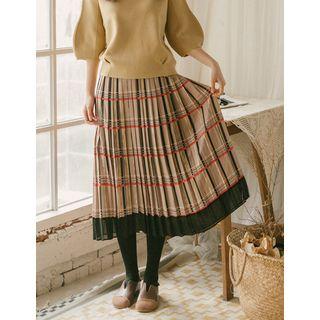 Chiffon-hem Plaid Long Pleated Skirt One Size