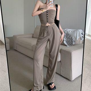 Set Of Two - Single-breasted Bandeau + High-waist Wide-leg Pants