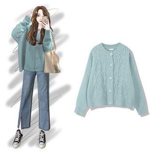 Crewneck Plain Knit Cardigan Mint Green - One Size