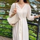 3/4-sleeve V-neck Drawstring-waist Midi A-line Dress