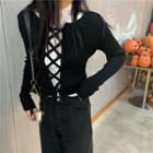Plain T-shirt + Long-sleeve Drawstring Cutout Plain Knit Top As Shown In Figure - One Size