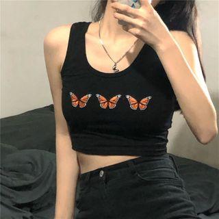 Butterfly Embroidered Sleeveless Cropped Top