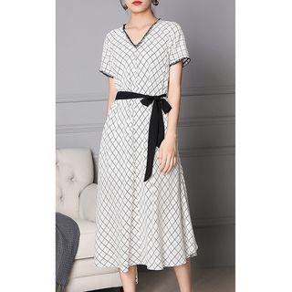 Plaid Short-sleeve A-line Dress With Sash
