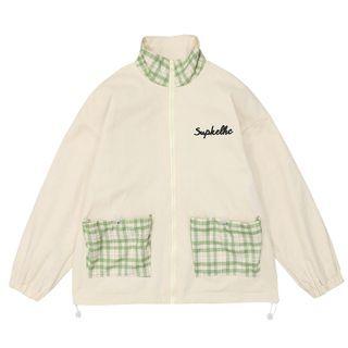Lettering Plaid Panel Zip-up Jacket