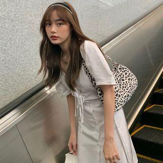 Square-neck Short-sleeve Lace-up Dress White - One Size