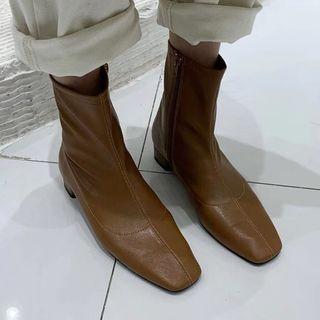Faux Leather Square-toe Low-heel Ankle Boots