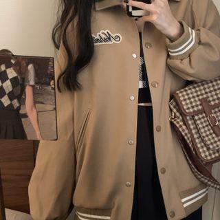 Letter Embroidered Bomber Jacket Brownish Yellow - One Size