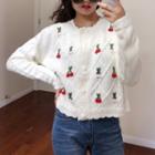 Embroidered Single-breasted Long-sleeve Cable-knit Cardigan White - One Size