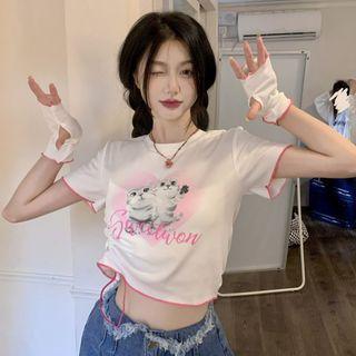 Set: Short-sleeve Cat Print Cropped T-shirt + Oversleeves Set Of 2 - T-shirt & Oversleeves - White - One Size