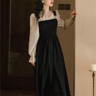Long-sleeve / Short-sleeve Mesh Panel Midi A-line Dress