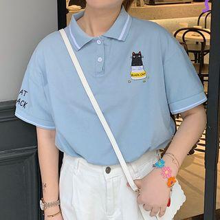 Short-sleeve Embroidered Cat Polo Shirt
