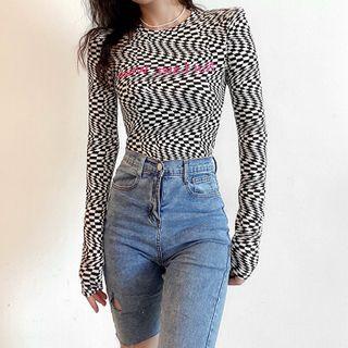 Long-sleeve Checkered Lettering T-shirt