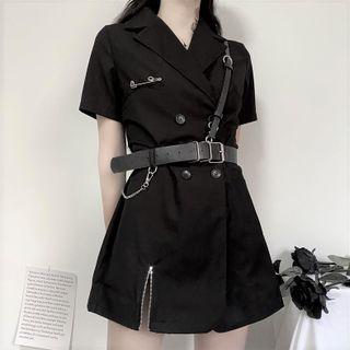 Set: Short-sleeve Mini Collared Dress + Faux Leather Body Harness