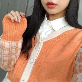 Long-sleeve Floral Plaid Cardigan Champagne - One Size