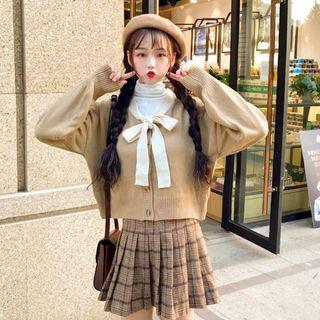 Bow-accent Cardigan / Plain Turtleneck T-shirt / Plaid Pleated Skirt