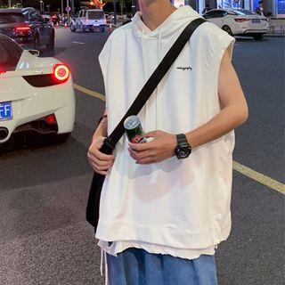Sleeveless Lettering Print Hooded T-shirt